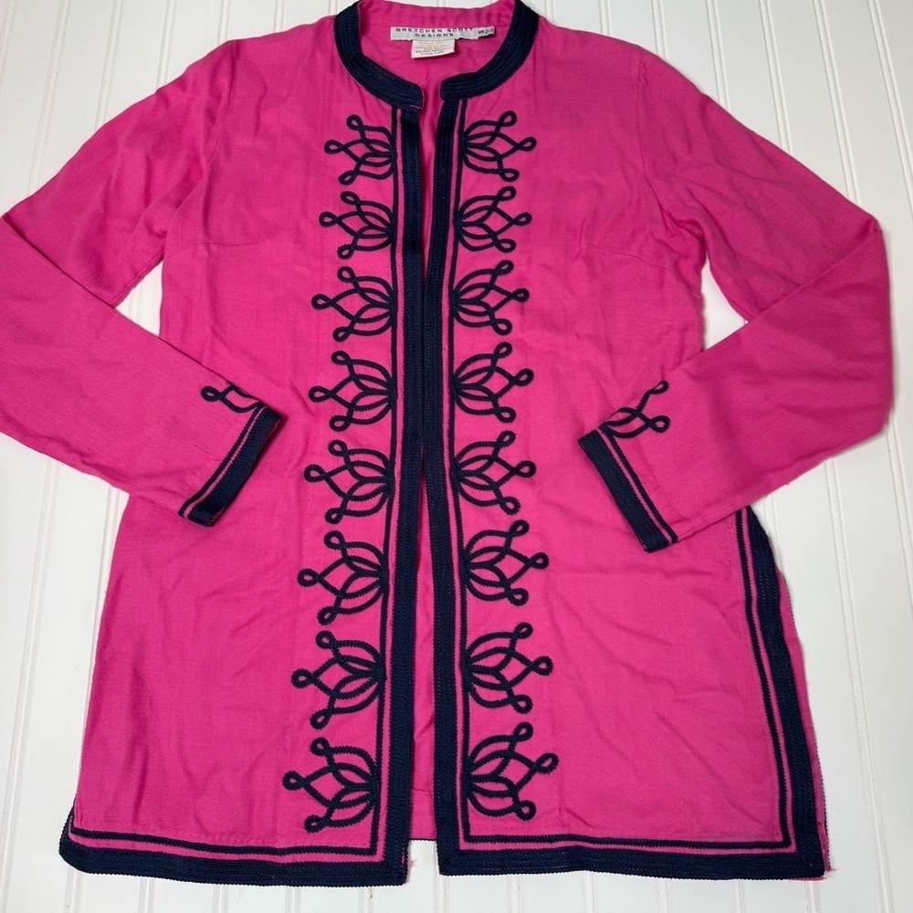 Gretchen Scott Designs Tunic Navy Blue Pink Embroidered Cardigan Small